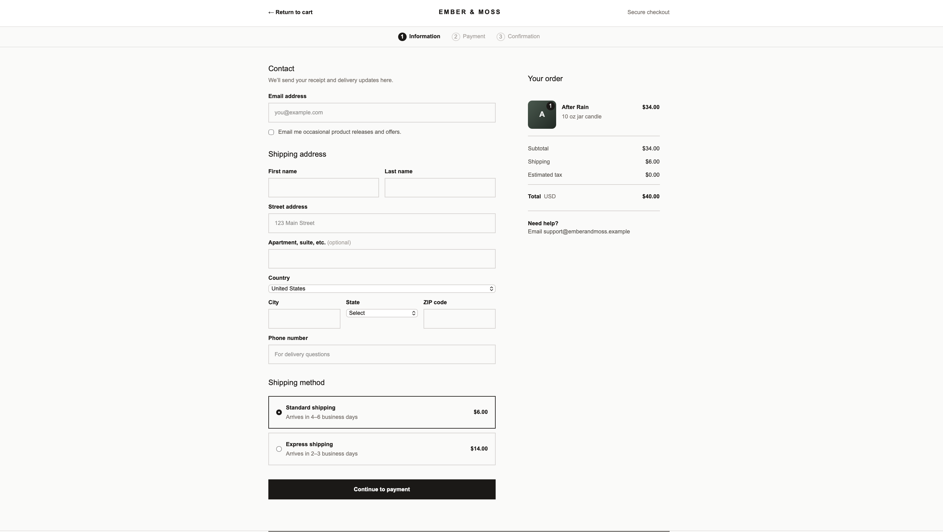 Ember and Moss Checkout page