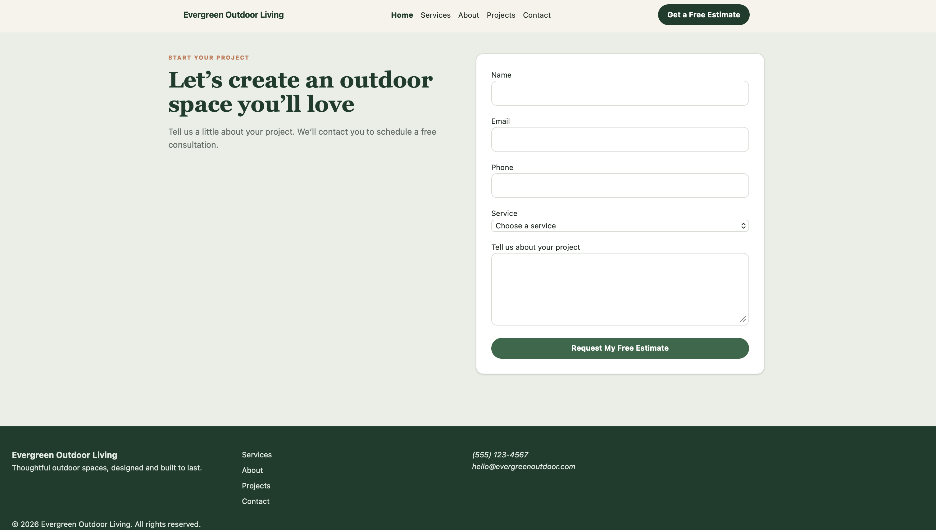 Evergreen Outdoor Living Contact page