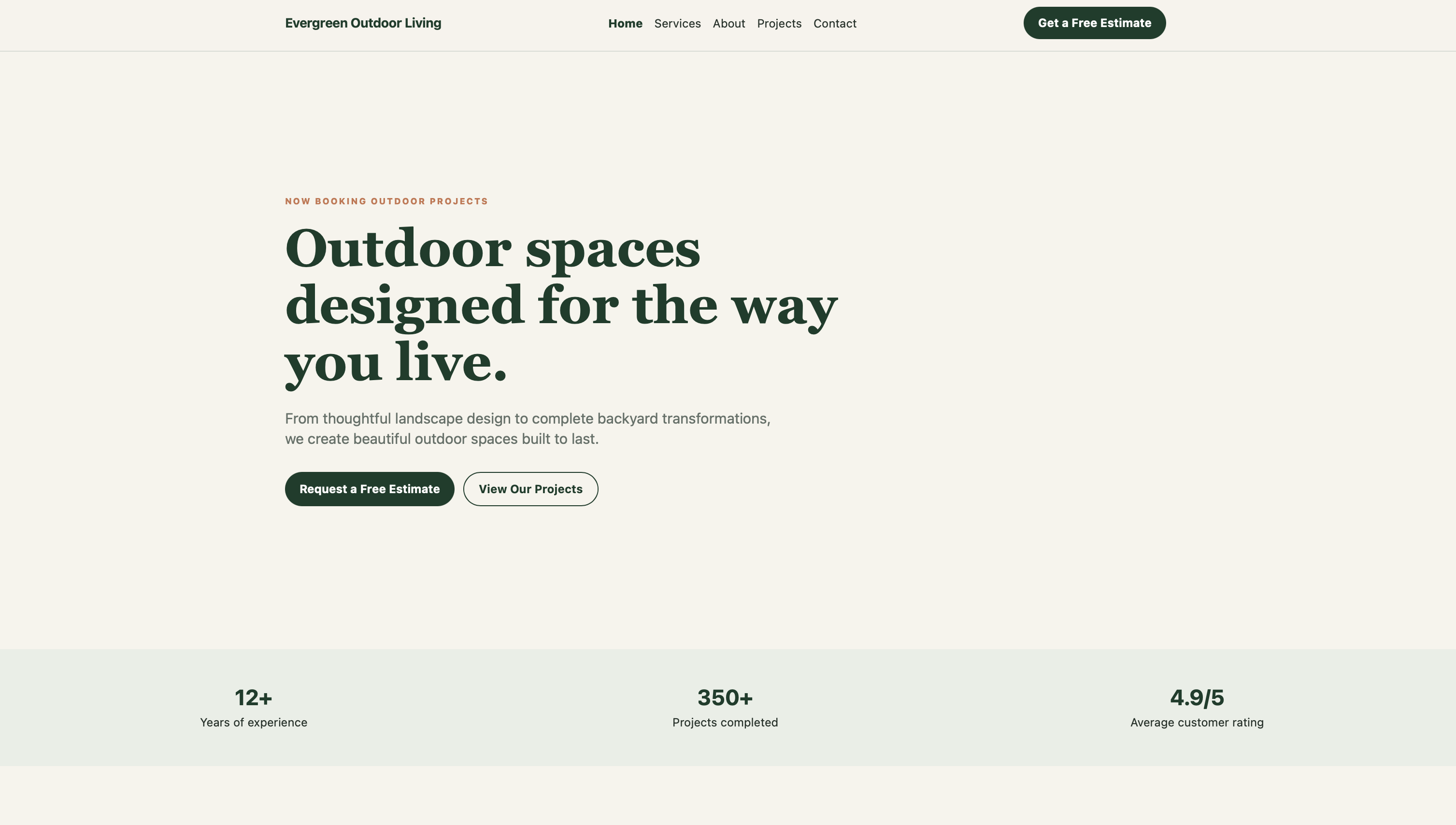 Evergreen Outdoor Living website Home page