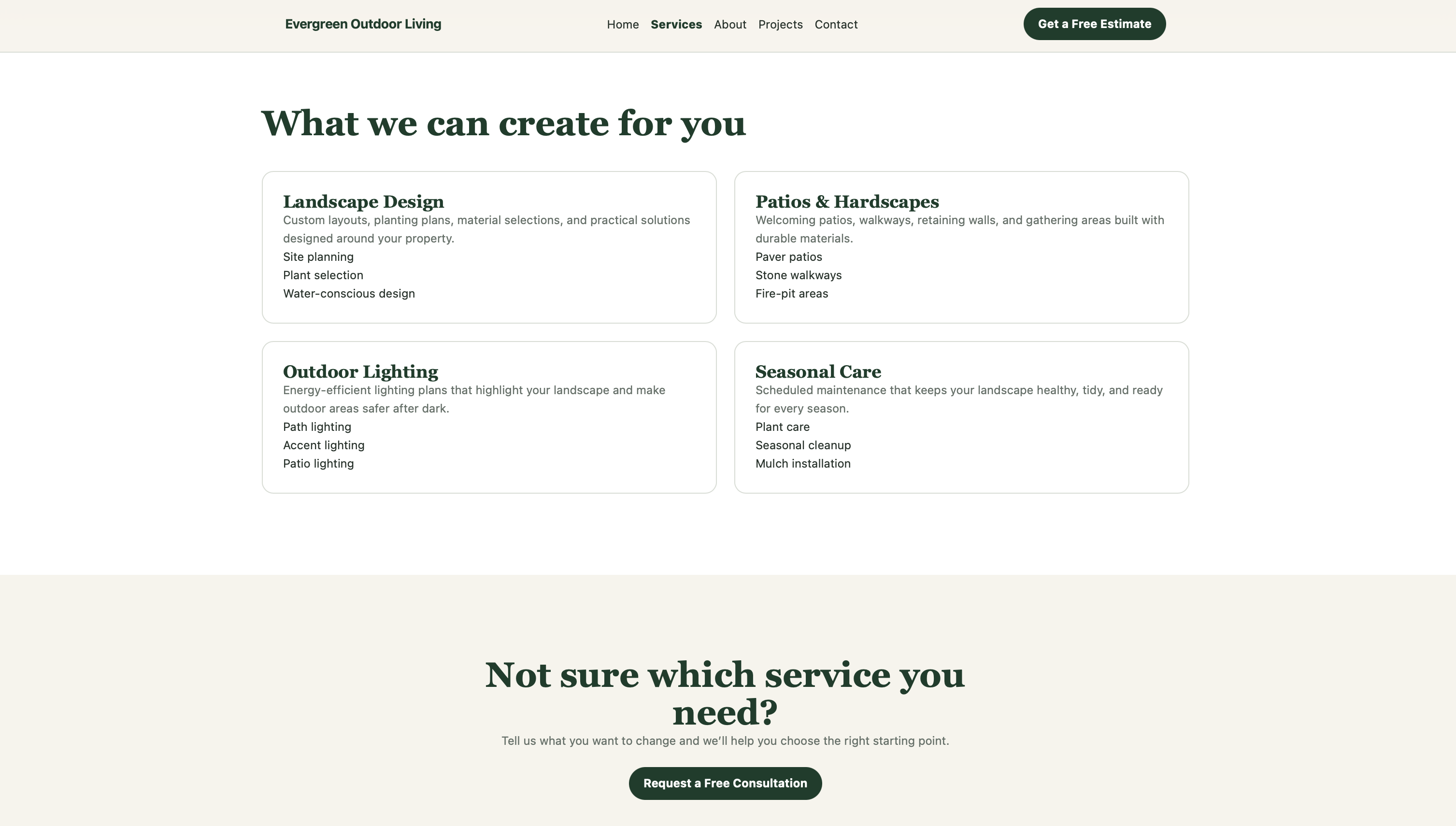 Evergreen Outdoor Living Services page