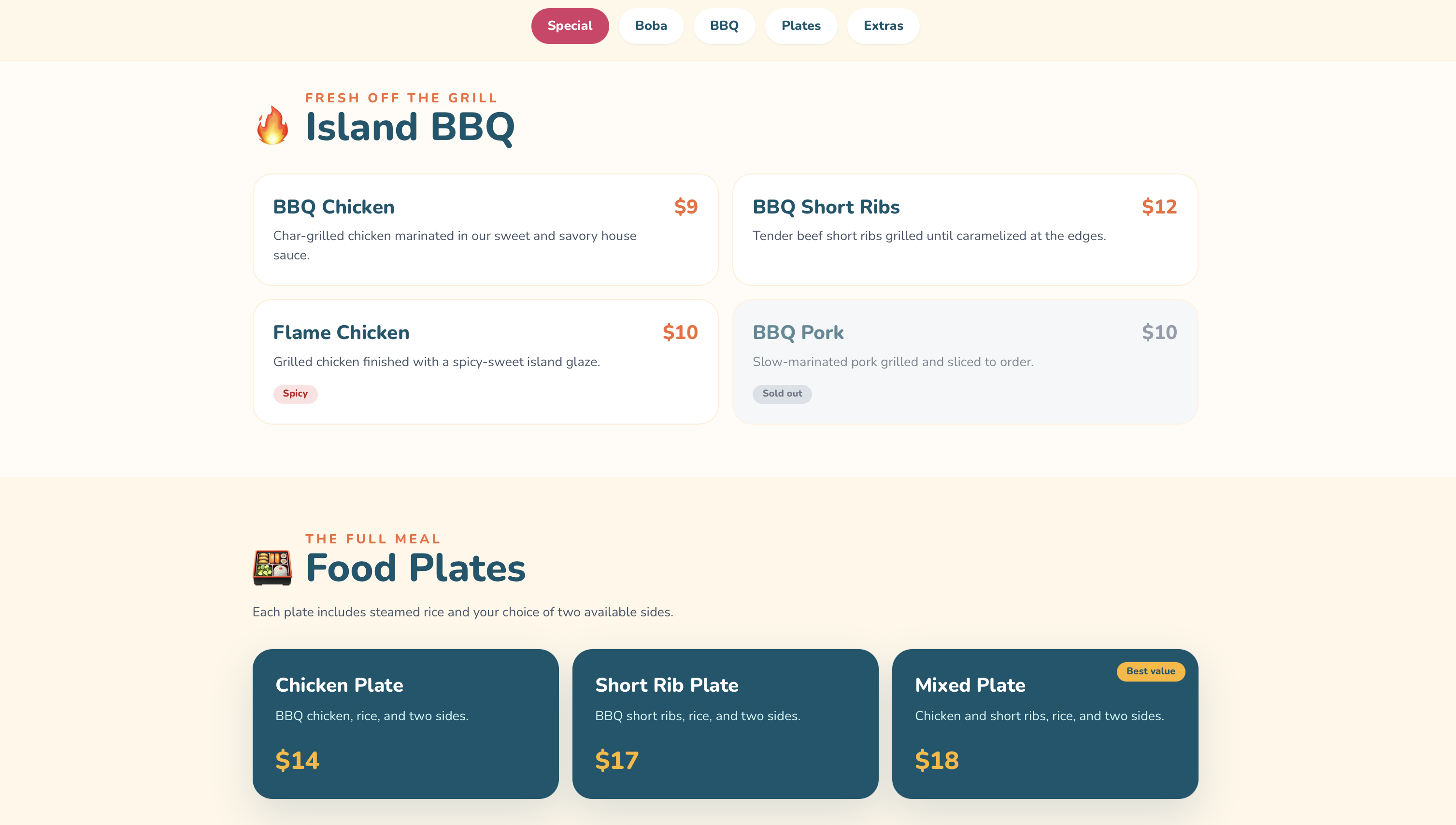 Island Flame menu and pricing